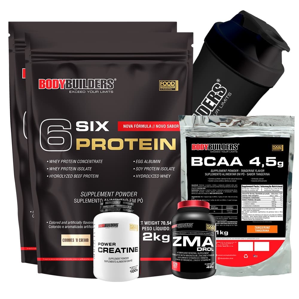 Kit 2x 6 Six Whey Protein 2kg + BCAA 1kg + Creatina 100g + ZMA + Coqueteleira - Bodybuilders