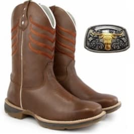 Bota Country Masculina Em Couro Bico Quadrado Texana+Fivela