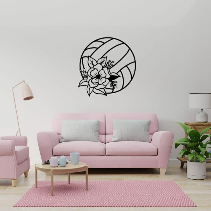 Quadro decorativo aplique de parede Bola de vôlei com flores para decorar