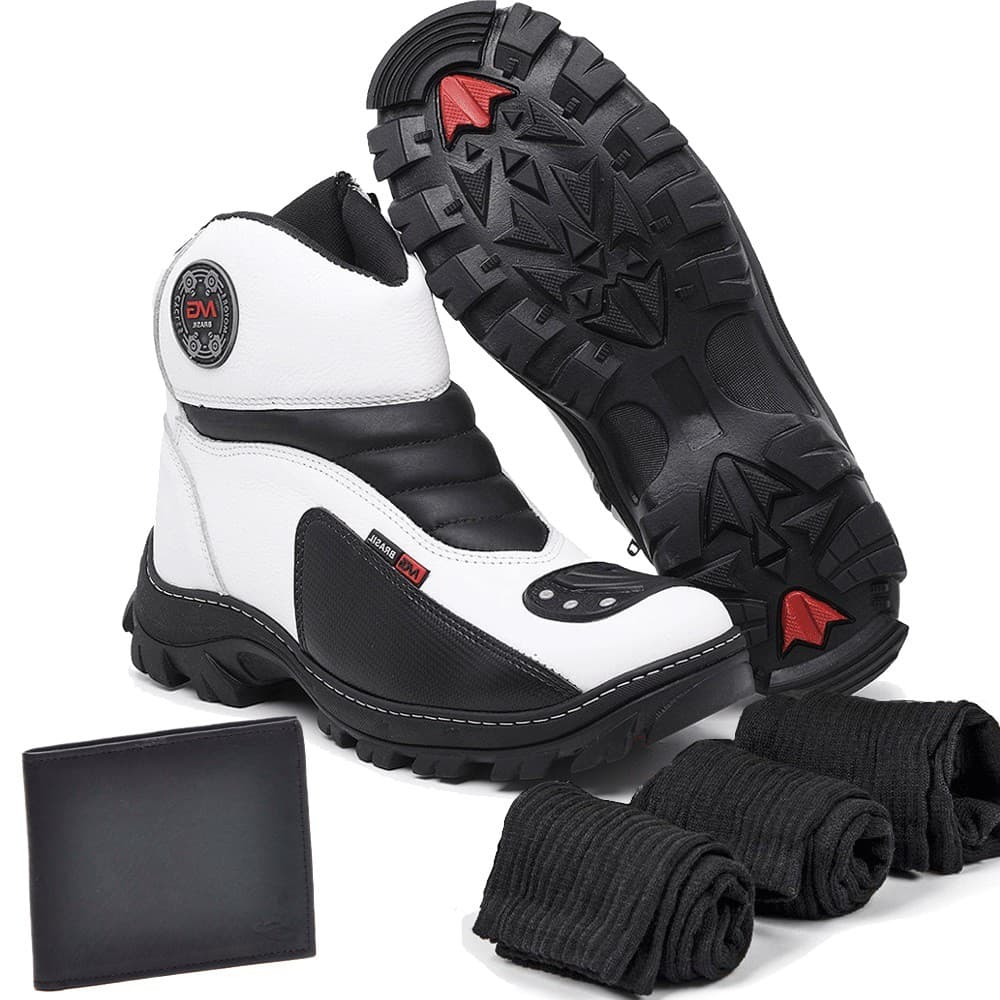 Bota Couro Motociclista Adventure Shadow Branca com Carteira e 3 meias