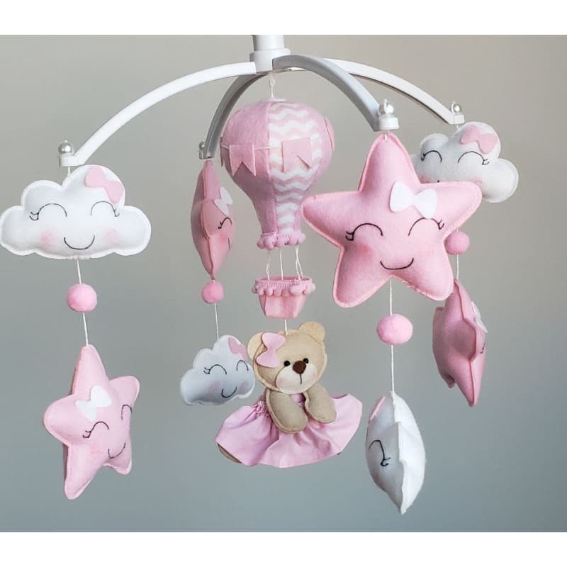 m贸bile musical girat贸rio ursinha rosa e bal茫o ursa nuvem e estrela