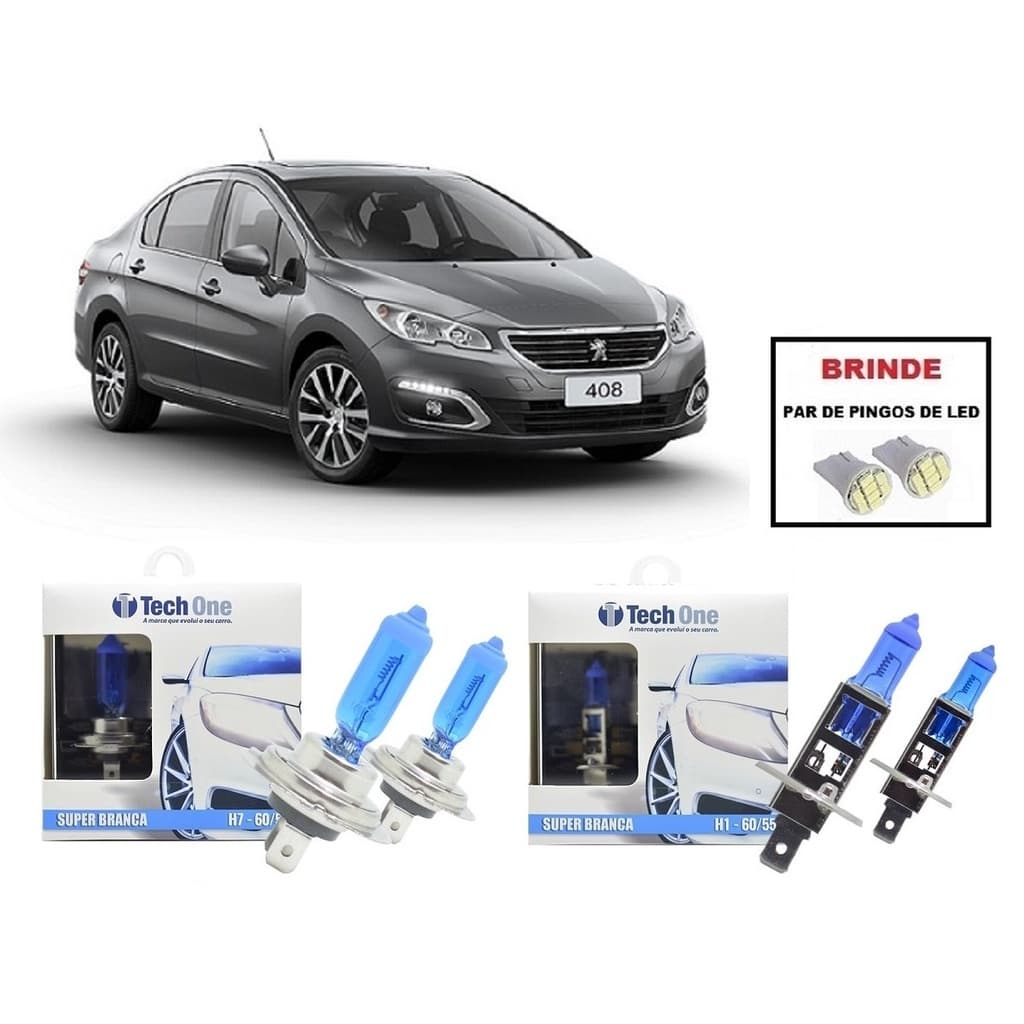 Kit de Lampadas Halogenas Modelo Super Branca para Farol Alto e Baixo com 8500K e Certificação Inmetro para Peugeot 408 com Brinde