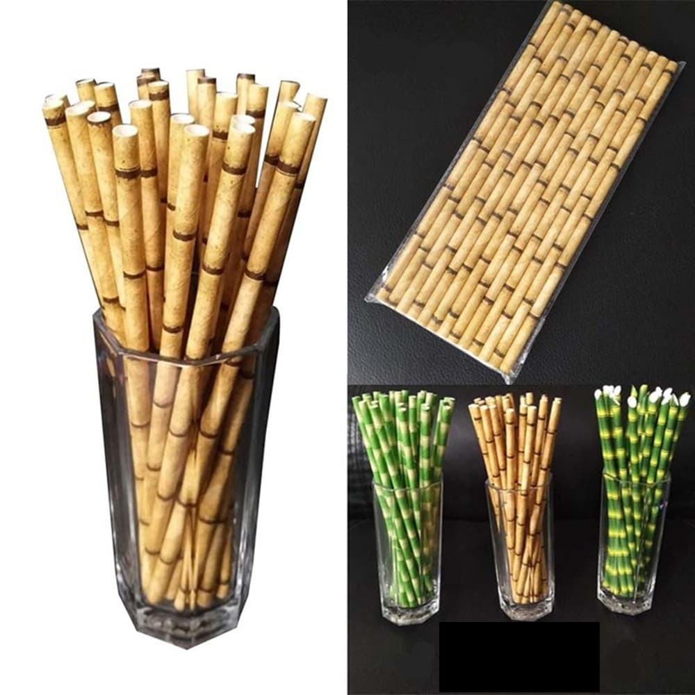 25 Peças De Palha De Papel Com Padrão De Bambu , Decoração De Casamento , Suprimentos Para Festa , Canudos Criativos