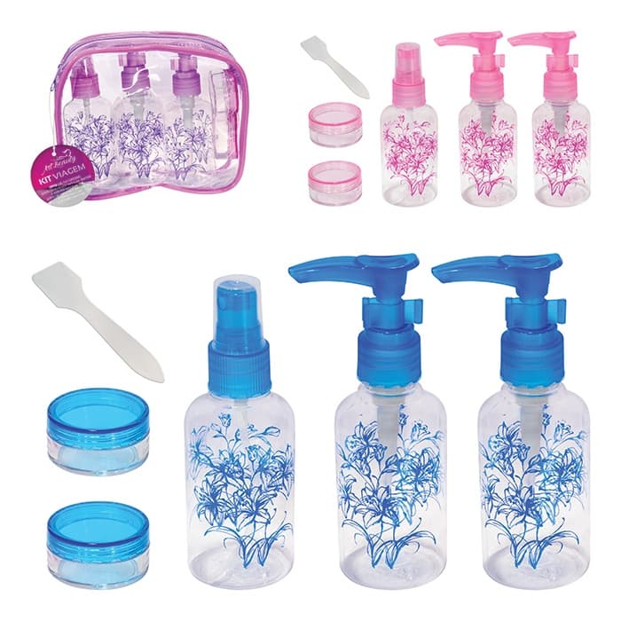 Kit Viagem 7 Peças Frascos Pump E Spray Pote Espátula Nécessaire  Mala Academia Mini Levar Na Bolsa