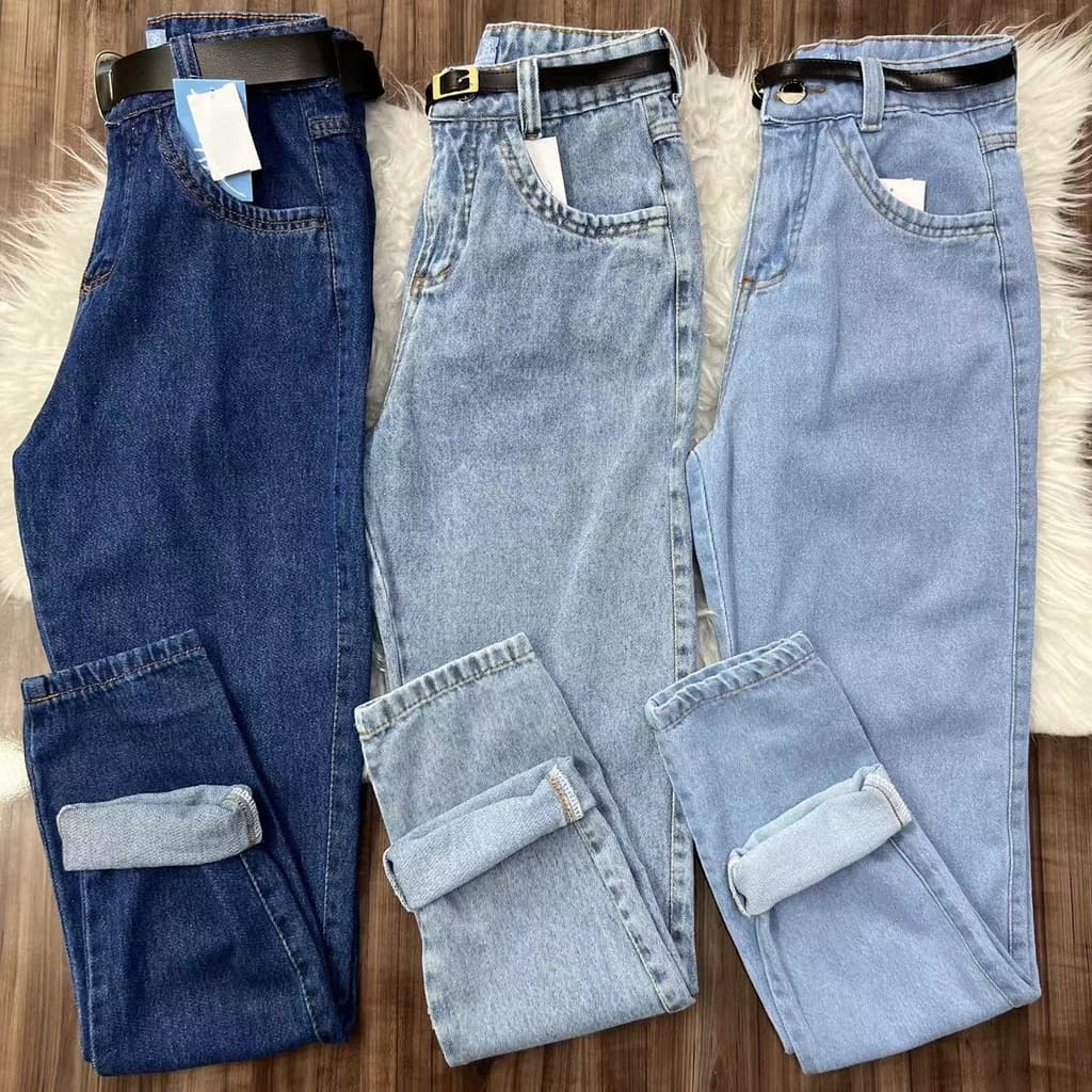 Calça Jeans Mom Com Cinto Feminina Cintura Alta
