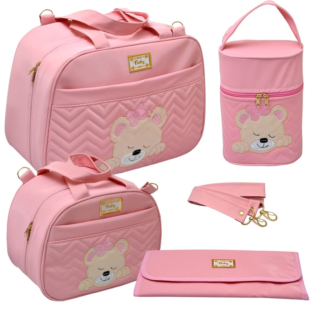 Kit Bolsa Mala Maternidade Luxo Menina 4 Peças rosa urso