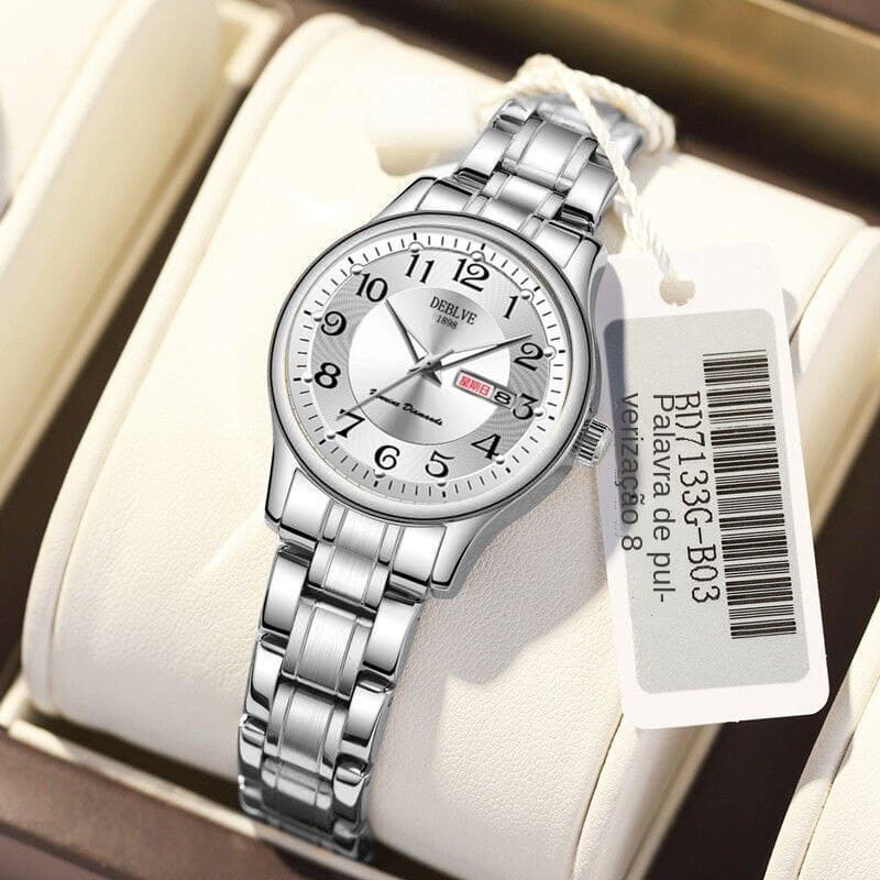 Relógio Feminino Suíço À Prova D'água Moda Luz Noturna Ultra Fino Tira De Aço Calendário Duplo De Quartzo