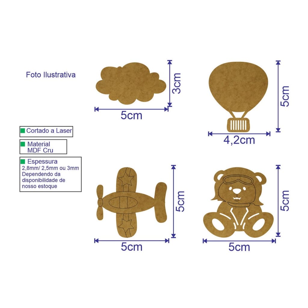 KIT Apliques Urso Aviador Balão Nuvem Avião MDF Cru Modelo n239