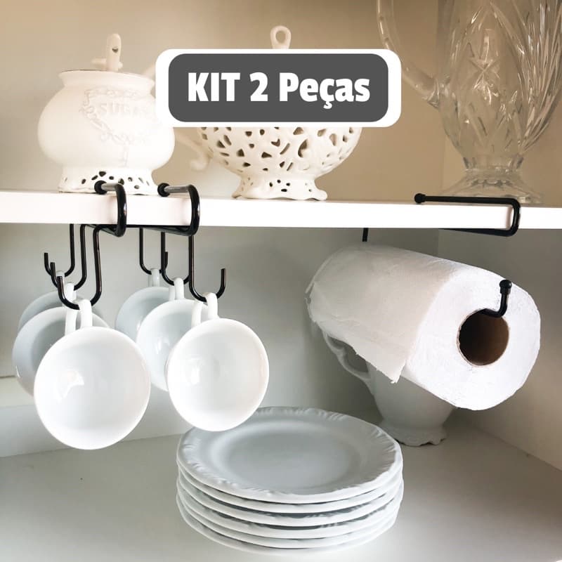 kit Organizador Cozinha Prateleira 2 Peças Porta Xícaras Suporte Papel Toalha Suspenso Aramado