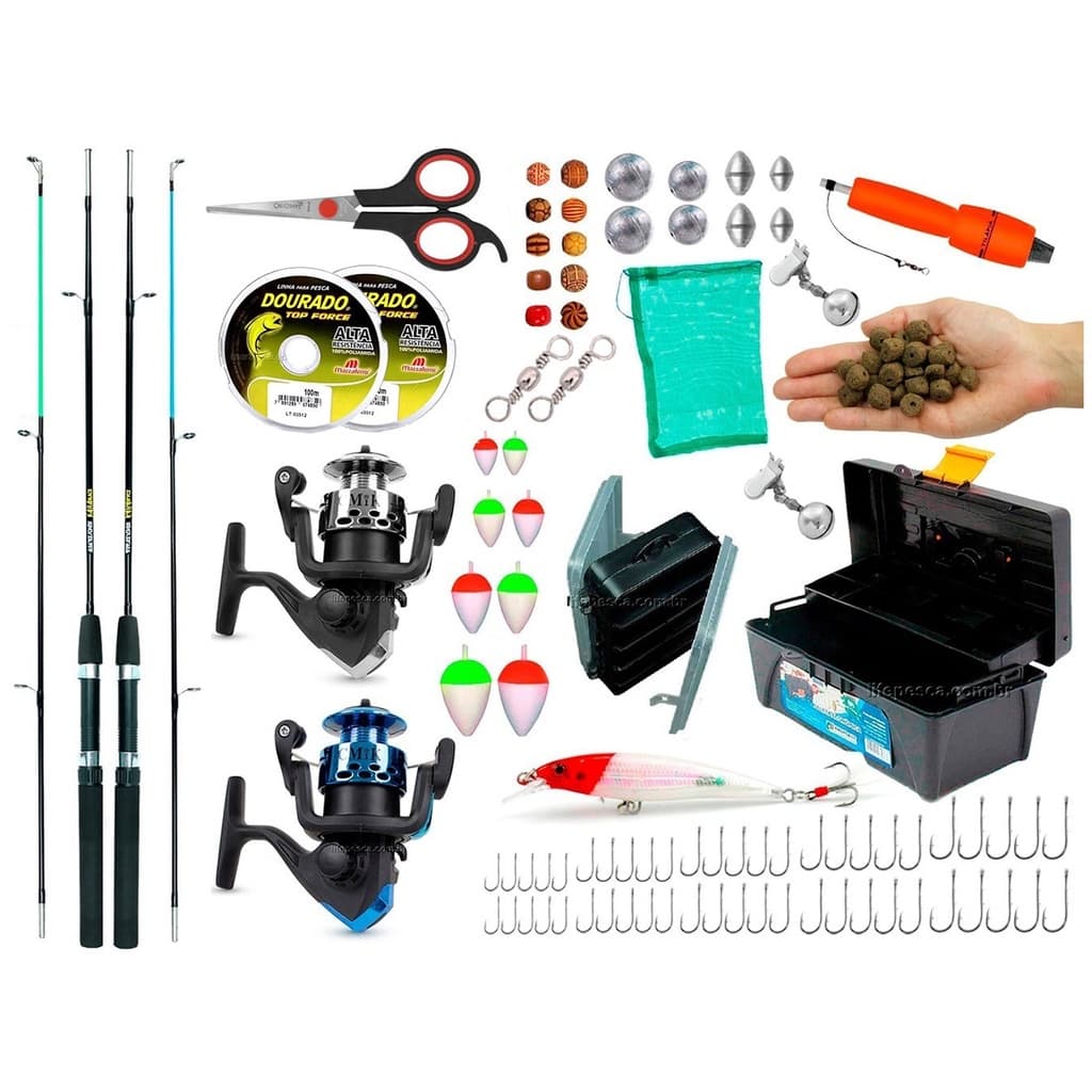 Kit Completo para pesca c/ 2 Varas + 2 Molinetes + Caixa de Pesca e Acessórios (Ref. 04)