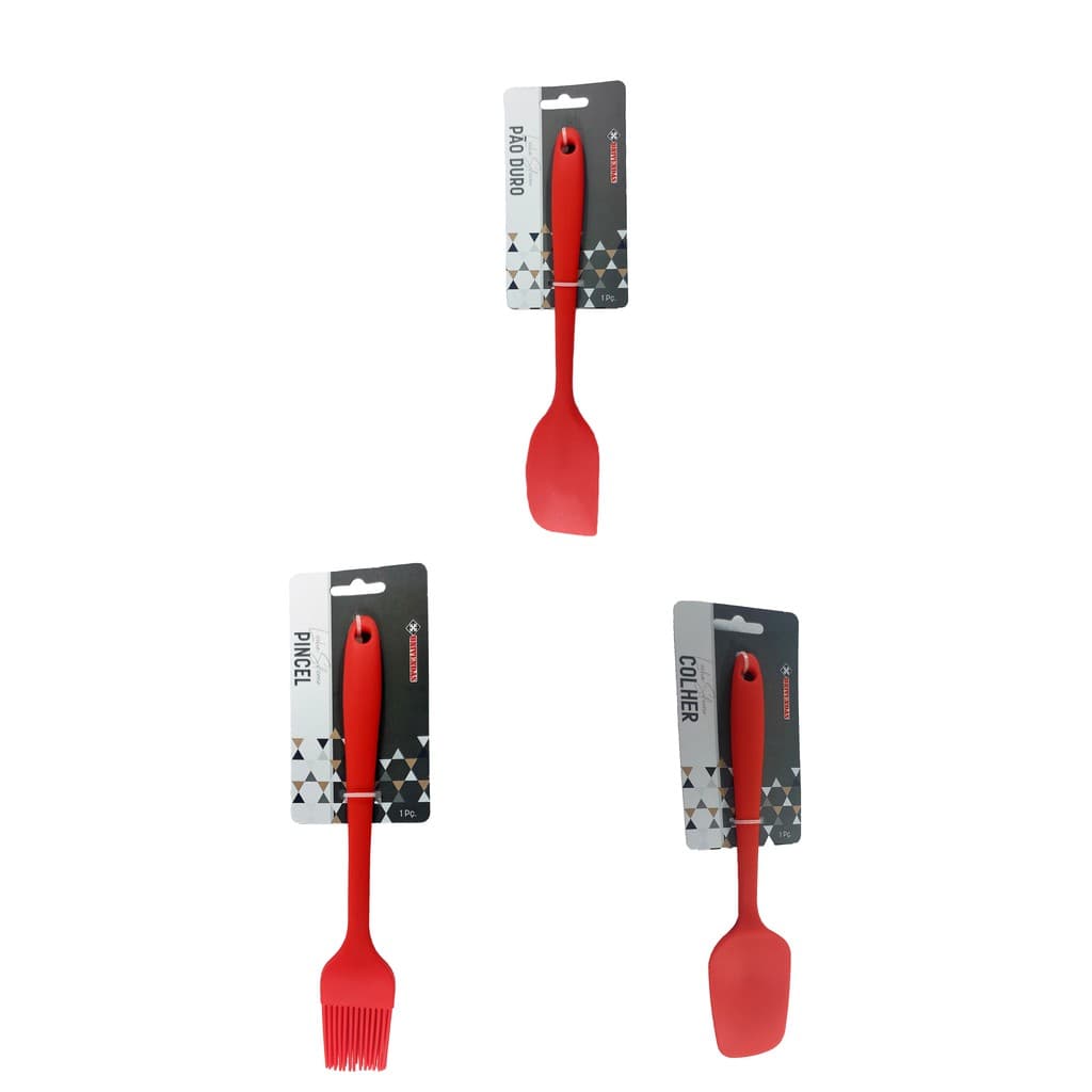 Kit c/ 3 peças de silicone colher, pão duro e pincel culinário