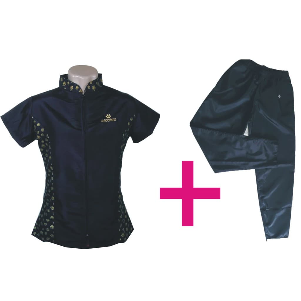 Jaleco De Tosador Feminino Com Calça Preto Anti Pelo Groomer