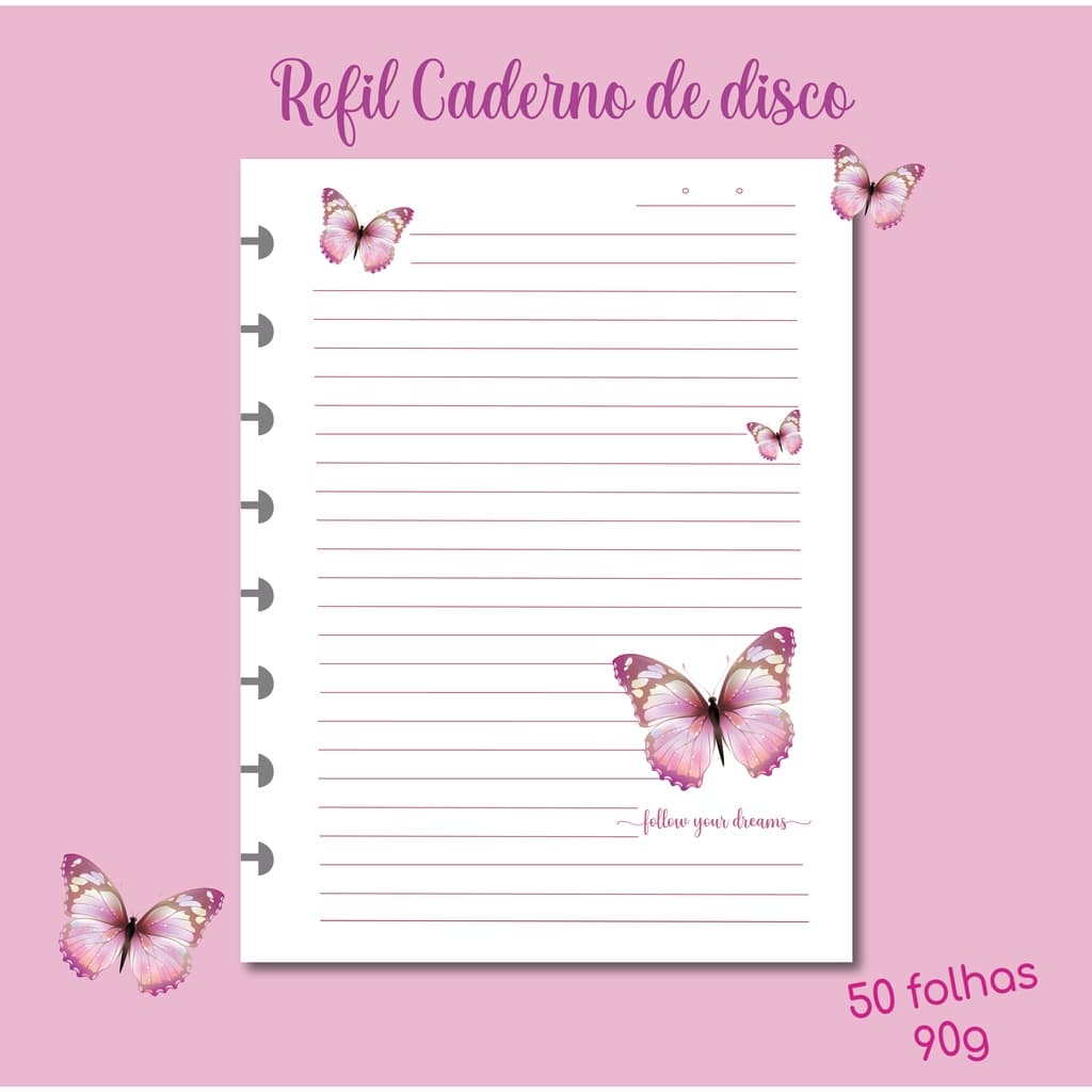 Refil Caderno Disco Inteligente A5 8 Furos kawaii Borboleta Rosa