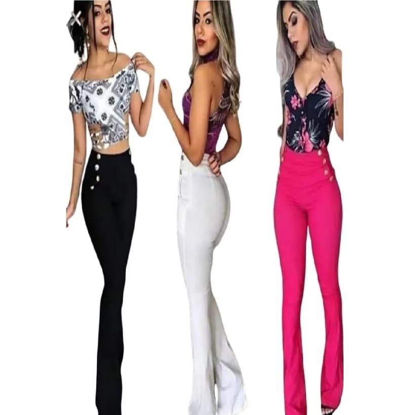 Calça Flare Feminina Com Botões Cintura Alta