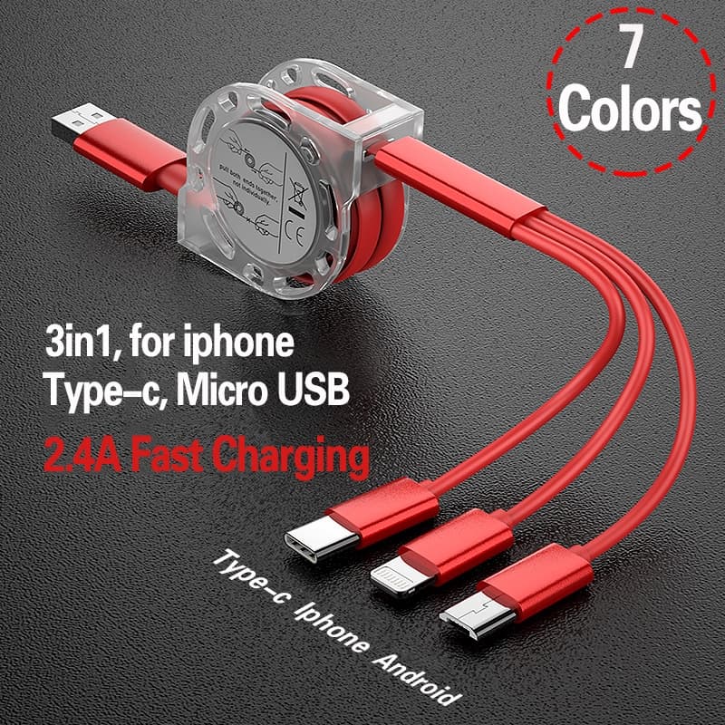Cabo De Carga Micro USB 3 Em 1 Retrátil/Tipo c Universal