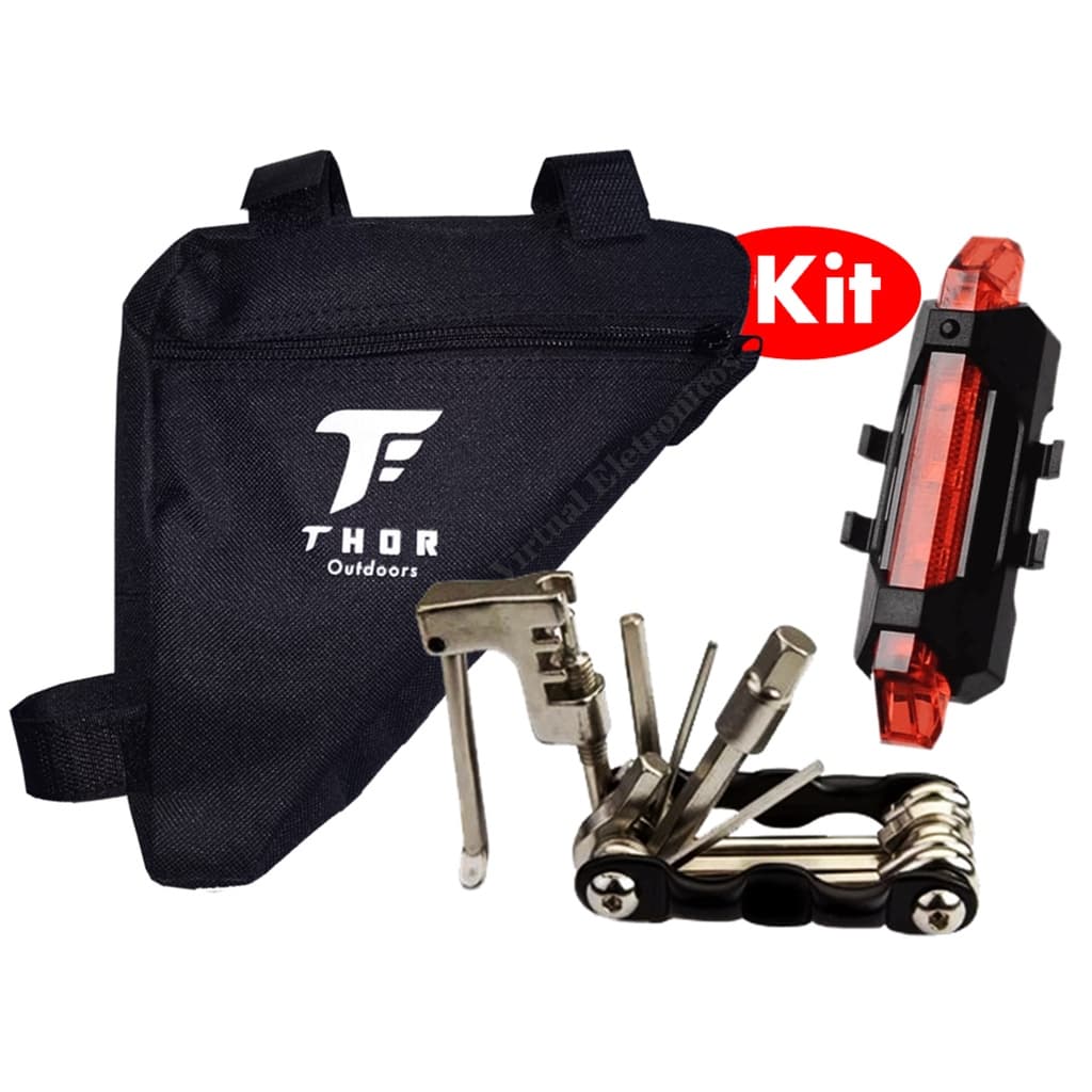 Bolsa Bag Case Para Quadro Suporte De Quadro Bike Triangular Bicicleta Ciclismo+chave 12 funções + sinalizar traseiro recarregavel