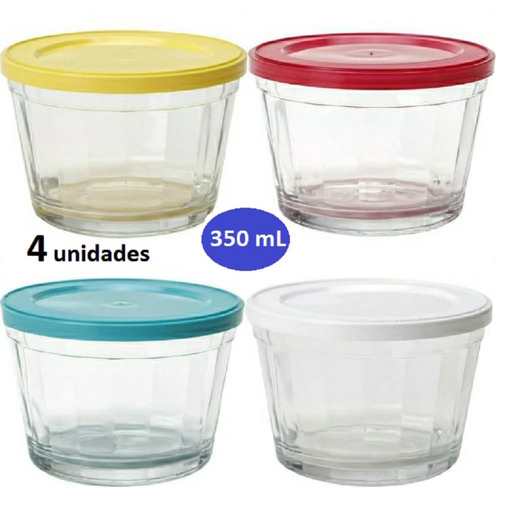 Conjunto de potes de vidro 350ml com Tampa (colorida). (4 potes ou 6 potes)