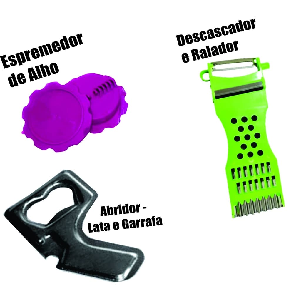 KIT ABRIDOR DE LATA E GARRAFA / DESCASCADOR E RALADOR /  TRITURADOR DE ALHO