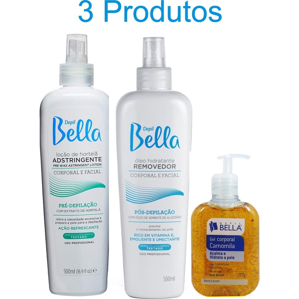 Loção Adstringente hortelã 500ml + Óleo Removedor Algodão 500ml + Gel Calmante Camomila 250ml Depil Bella