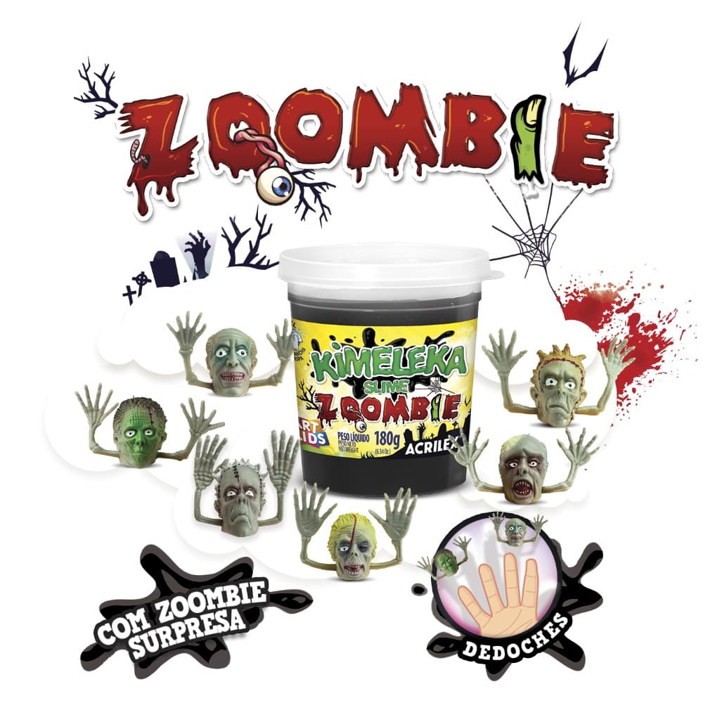 Kimeleka Slime ZOOMBIE 180g  - Slime Preta Zumbi com brindes colecionáveis  - Acrilex