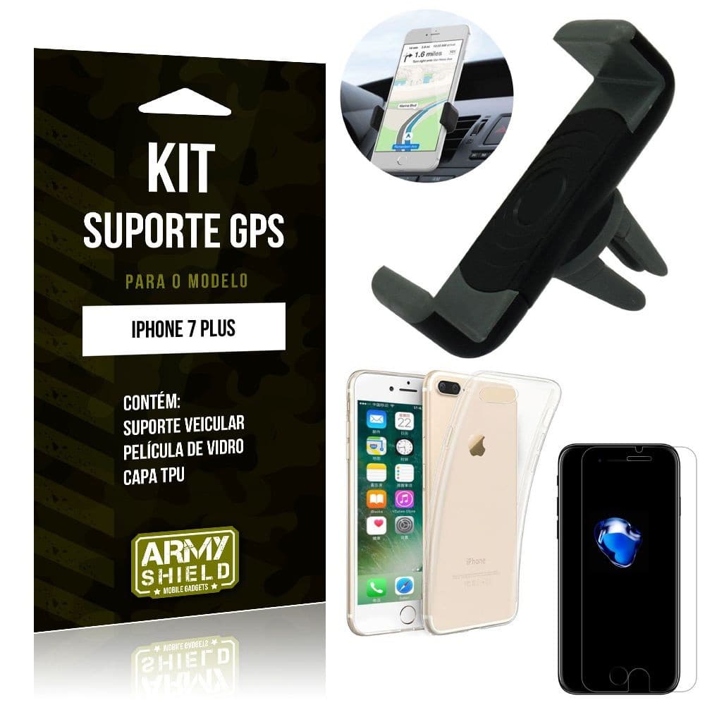 Kit Suporte Veicular Apple iPhone 7 Plus Suporte + Capa + Película de Vidro - Armyshield