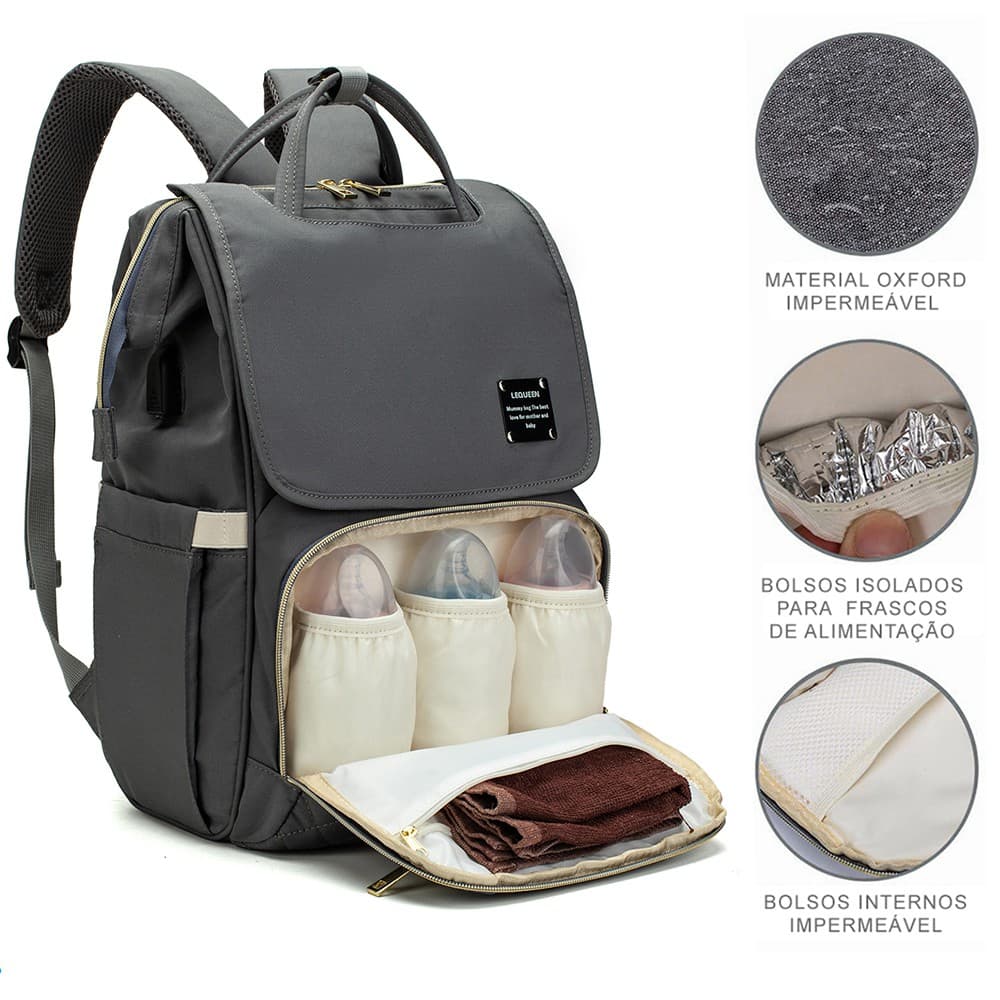 Bolsa Mochila Maternidade Lequeen Fashion Bebê Reforçada