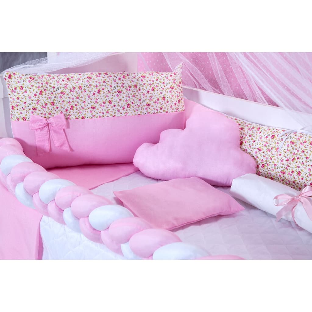 Kit Berço Quarto Bebê - Menina - Trança Americano e Nacional 11 Peças Completo - Floral Rosa