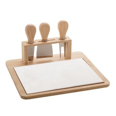 Bandeja Bambu e Cerâmica 3 Peças p/Queijo Inox c/Cabo Bambu