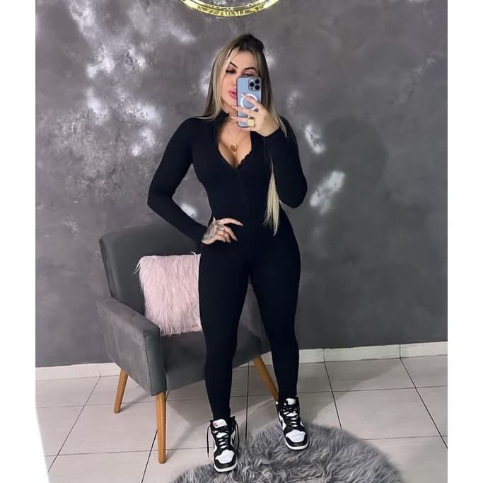Macacão Manga Longa Canelado - Gringa - Preto Feminino Com Zíper