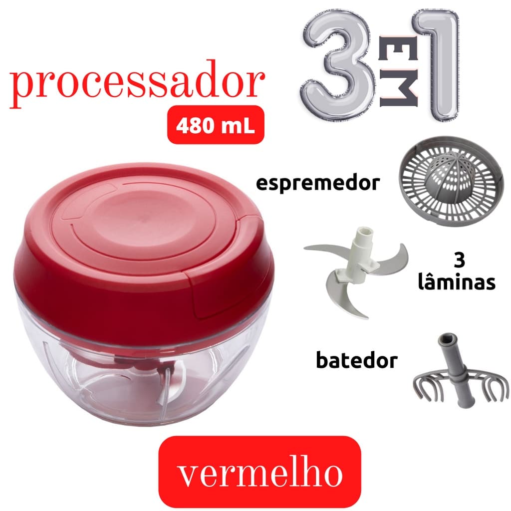 Mini processador manual de alimentos. Triturador, picador e cortador de temperos com 3 lâminas