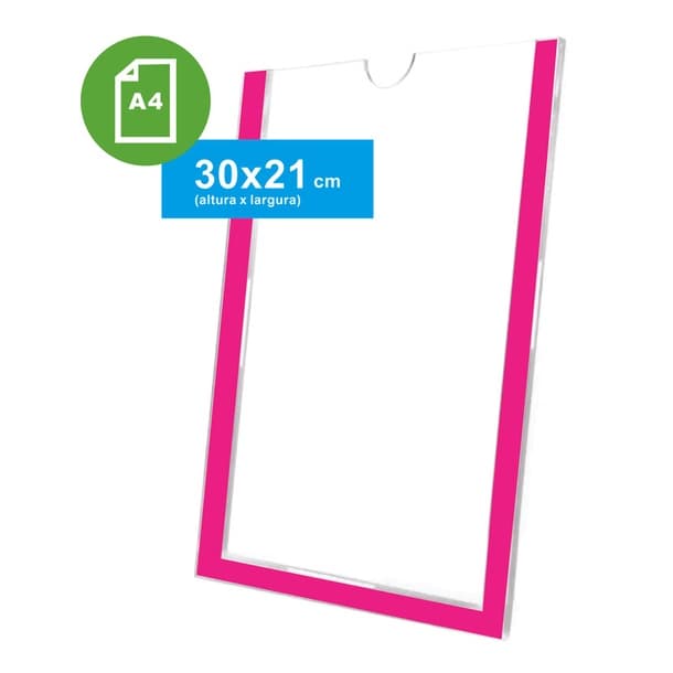 Display A4 Expositor De Parede Acrílico Porta Folha 21x30cm com borda Rosa