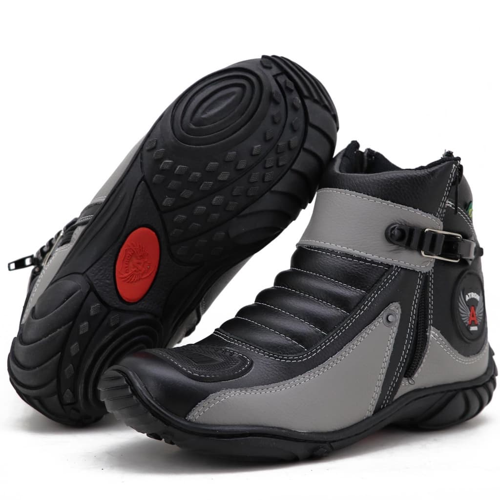 Bota Cano Curto Couro Para Motociclista ATRON 271 preto cinza