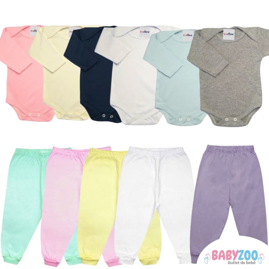 Kit 12 Peças Body liso Manga Longa e Mijão em Malha/ Enxoval Barato