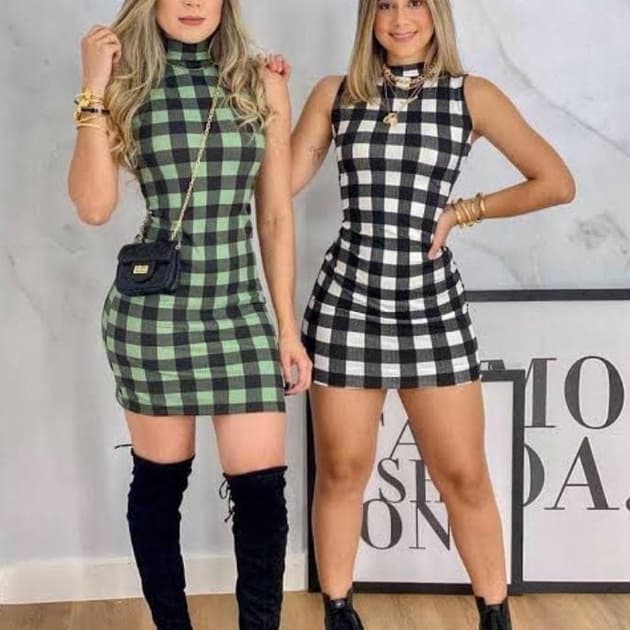 Vestido xadrez feminino sem manga gola alta top