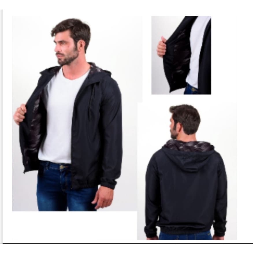 Corta Vento Poliester Preto Liso Forro Estampado Dia a Dia
