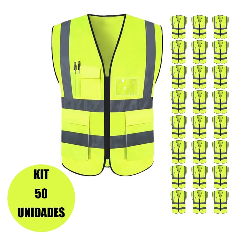 Colete Faixa Sinalizador Kit 50 Uni Refletivo Segurança Trabalho EPI Fluorescente Blusão Obra Proteção Transito Bolsos Ziper