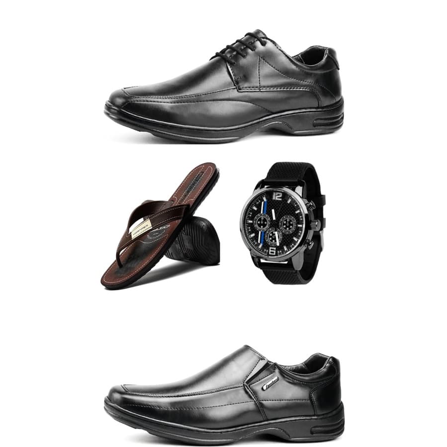 2 Pares Sapato Social Masculino Casual Confortável Bico Quadrado Barato Kit Chinelo E Relógio
