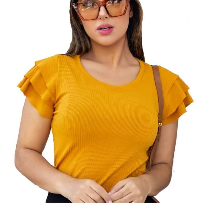 blusa canelada feminina manga 3 babados