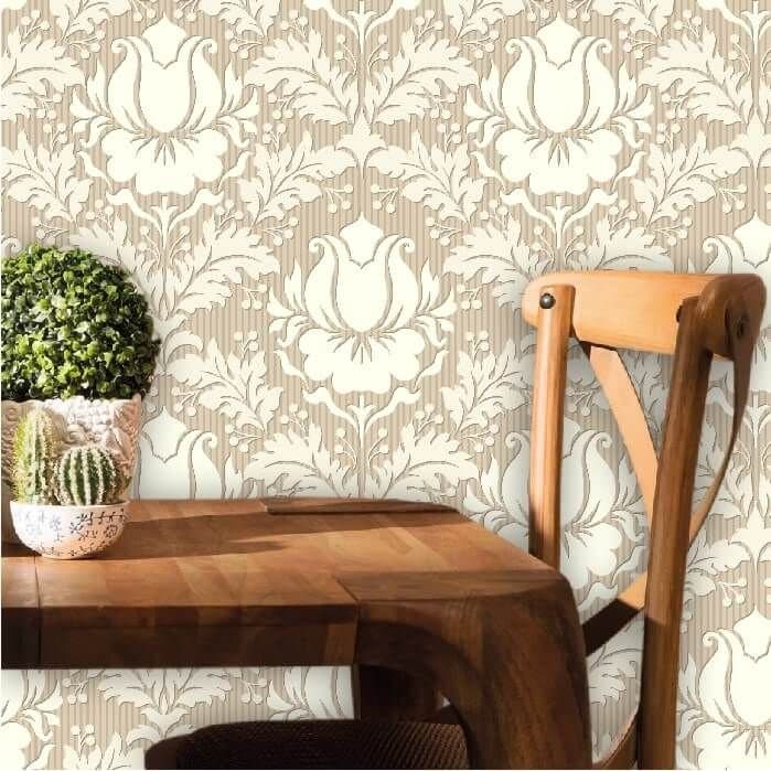 Papel de Parede Arabesco Bege e Marrom Para Decoração de Quarto Sala Cozinha 1,0m x 50cm