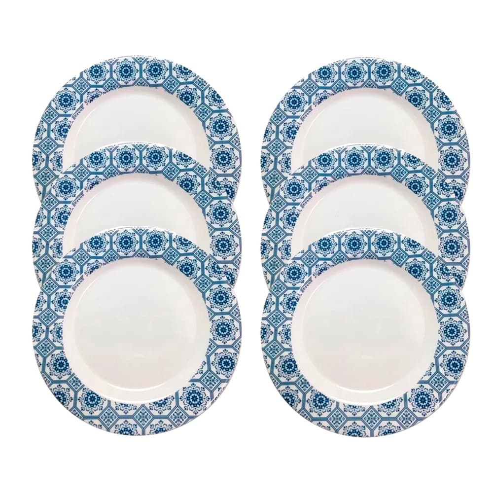 Kit 06 Pratos Rasos Decorados Melamina 25cm Branco