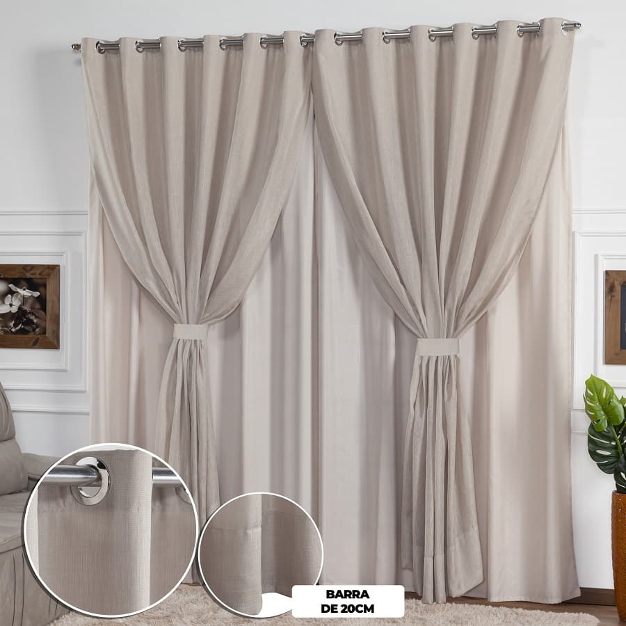 Cortina Refinada em Linho Flame Gaze de Linho Quarto Sala 2,80x2,50 P/ Varão de Até 2m - Bege