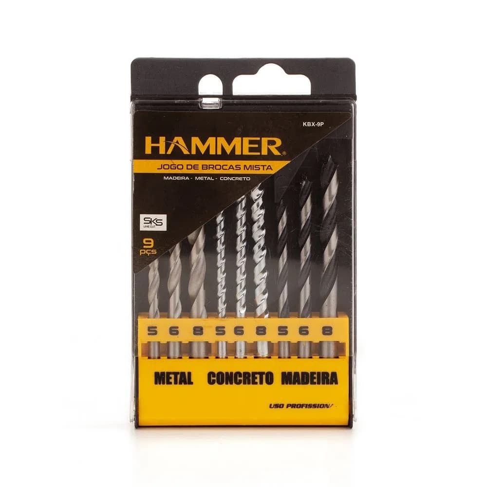 Jogo de Brocas Mista Madeira-Metal-Concreto 9 Peças KBX-9PPF Hammer