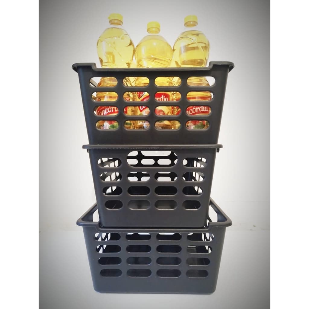 Kit 3 Cesto Organizador Empilhável Retangular em Plástico Preto tamanho: 24,5x29,5x15cm Mèdio-FORTE