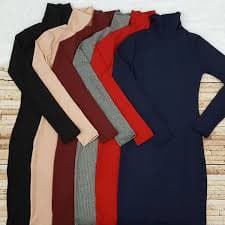 Vestido manga longa gola alta feminino canelado moderna