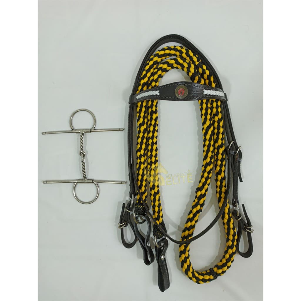 Kit Cabeçada Mangalarga + Rédea de Lã Torcida + Bridão Agulha Bocal Torcido Para Cavalos