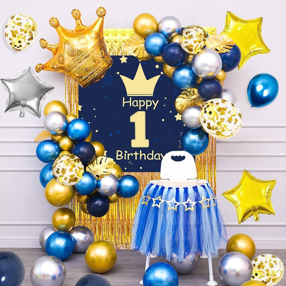 Decoração de menino de 1o aniversário MMTX, guirlanda de feliz aniversário, pôster, balão de folha de estrela de coroa,
