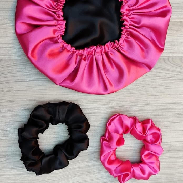 KIT TOUCA DE CETIM DUPLA FACE ANTI FRIZZ + 2 XUXINHAS Scrunchies