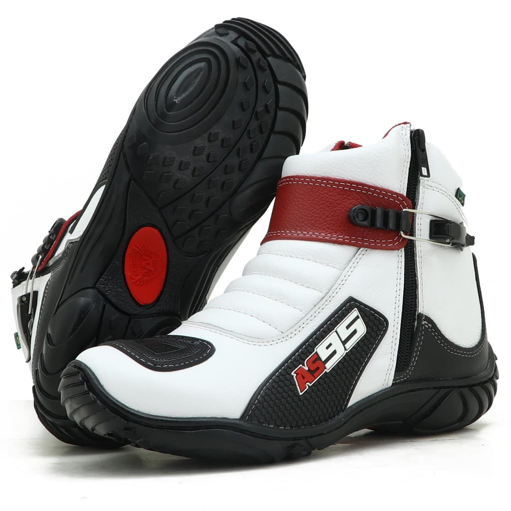Bota Motociclista De Couro As95 95 Branco Pto Vermelho