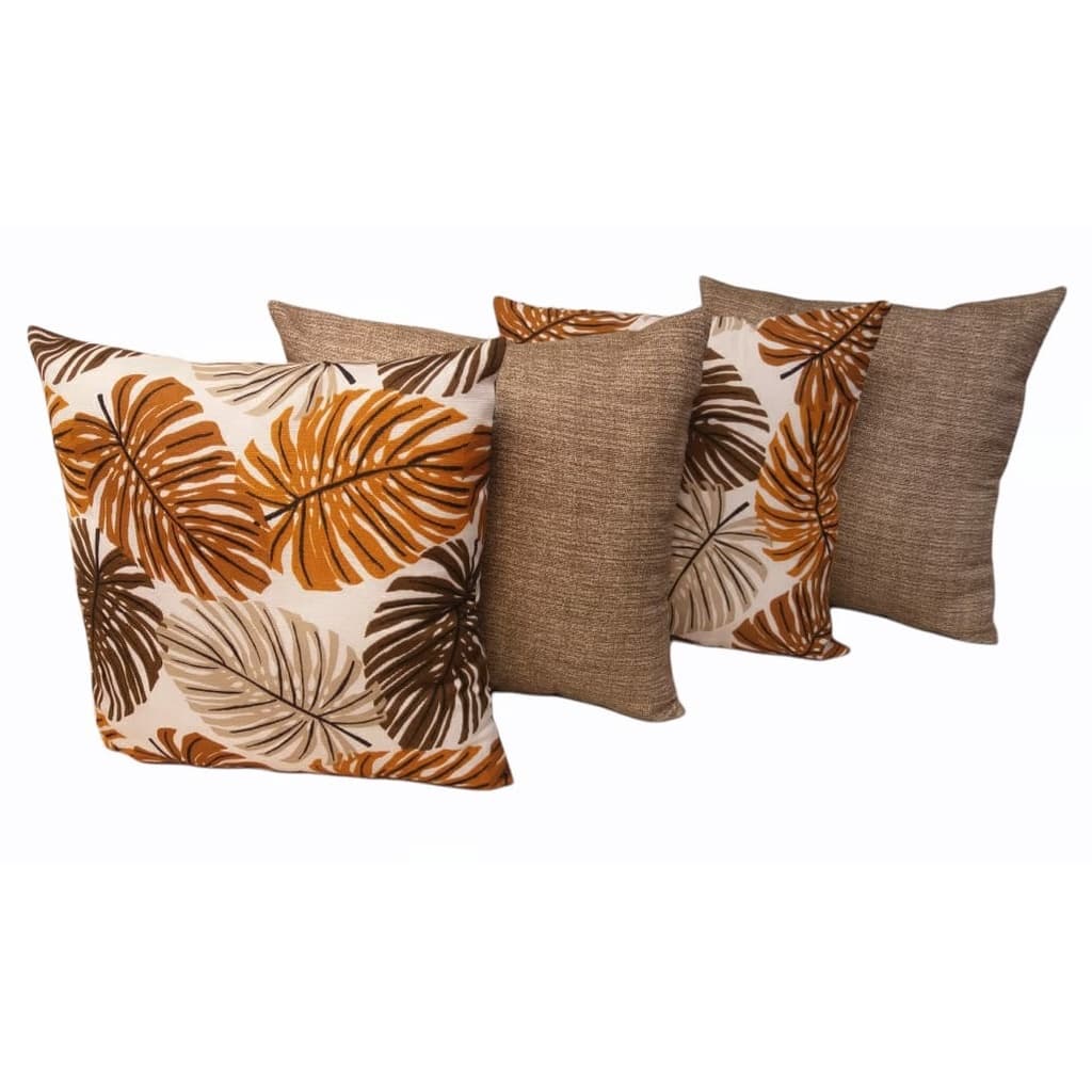 KIT 4 CAPAS ALMOFADAS 45 x 45 cm 2 ESTAMPADAS COSTELA DE ADÃO MOSTARDA E 2 LISAS CAQUI COM ZÍPER