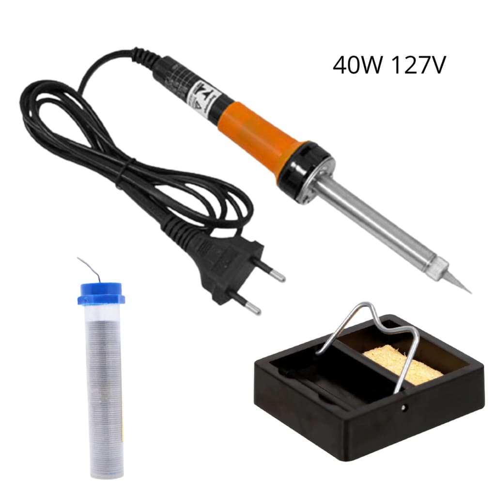 Kit Solda Ferro de Soldar 40W 127V + Suporte de Ferro + Solda Estanho + Esponja Vegetal - Não é bivolt